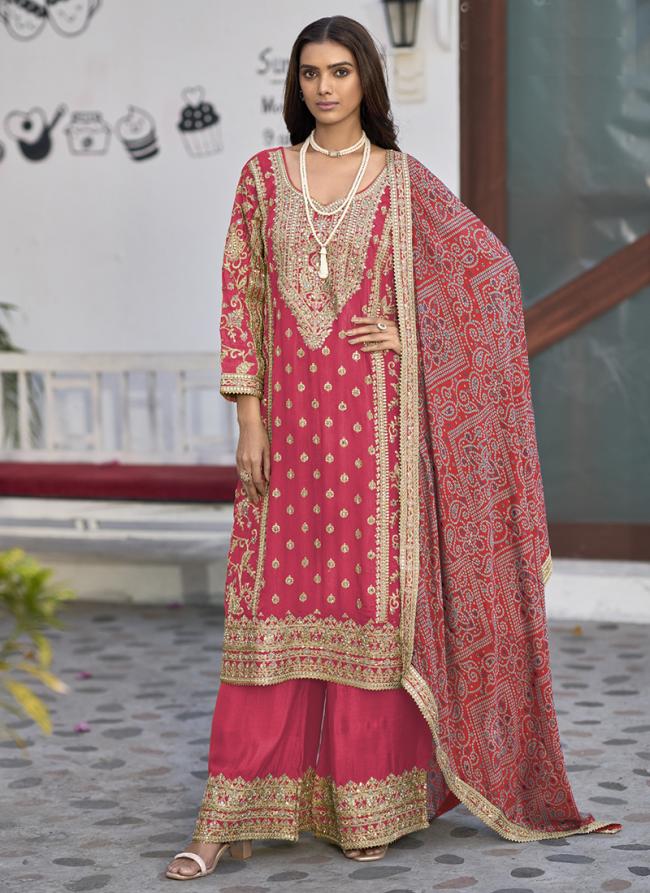 Real Chinnon Pink Party Wear Embroidery Work Readymade Plazzo Suit